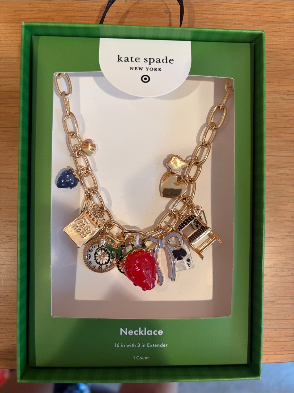 kate spade Gold-tone Charm Necklace with Red Strawberry and Blue Heart Charms
